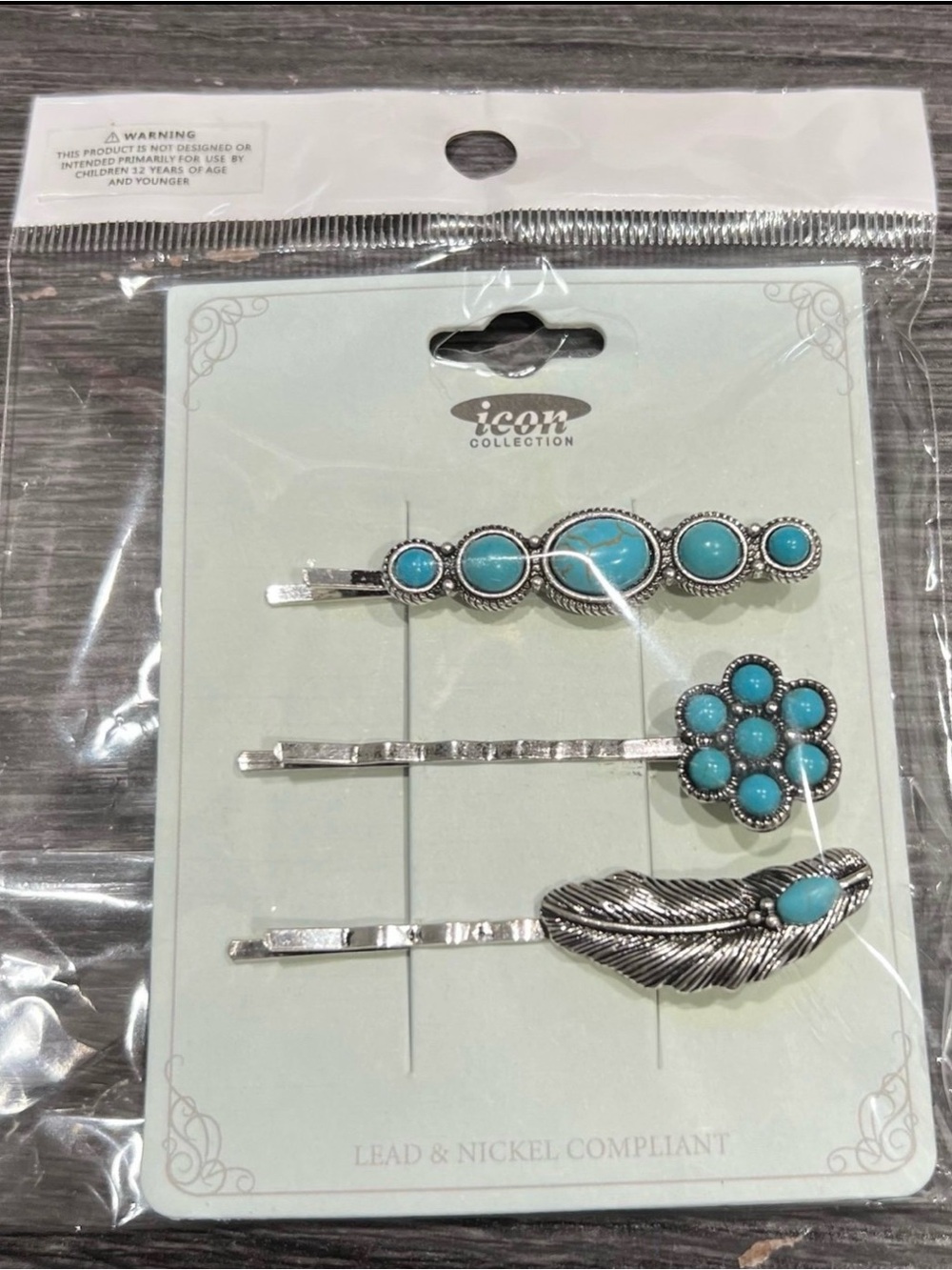 IC COLLECTION Silver-Tone Hair Pin Set with Turquoise Accents - 3 Pack
